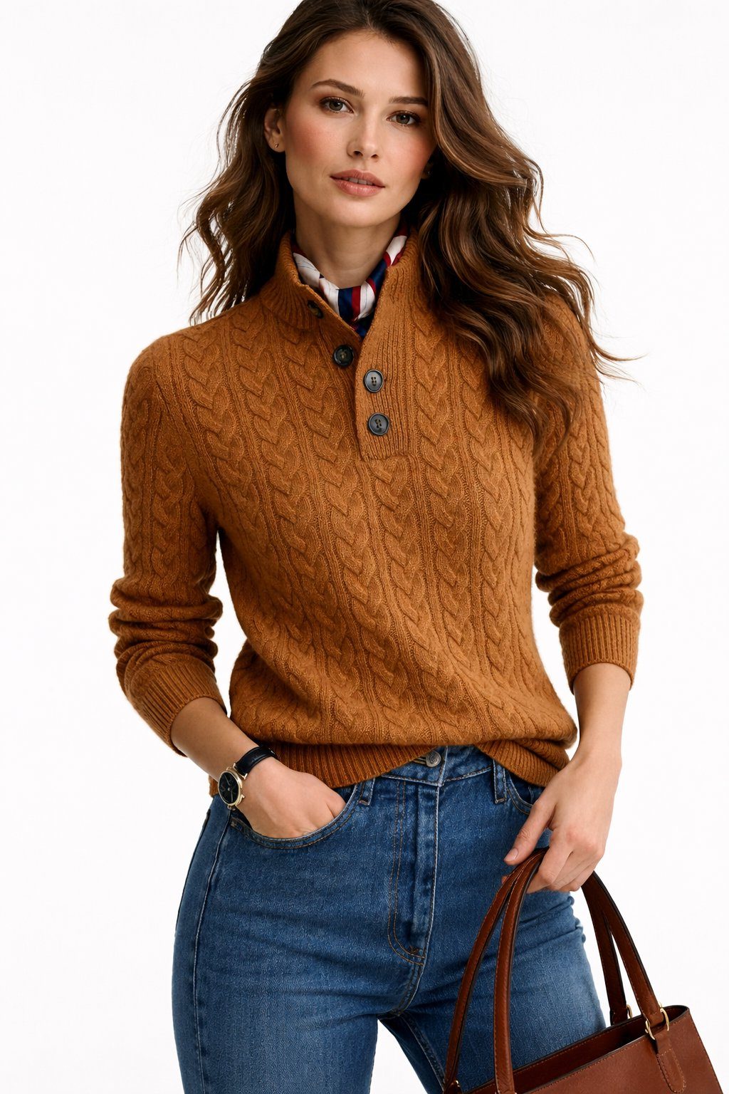 Ulla | Cable Knit Wool Blend Sweater with Button-Neck for Women