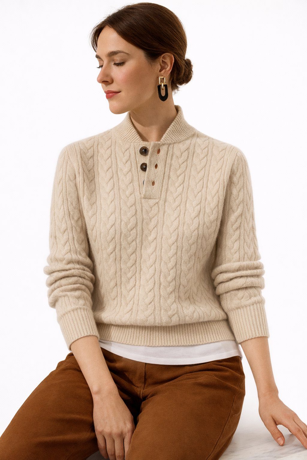 Ulla | Cable Knit Wool Blend Sweater with Button-Neck for Women