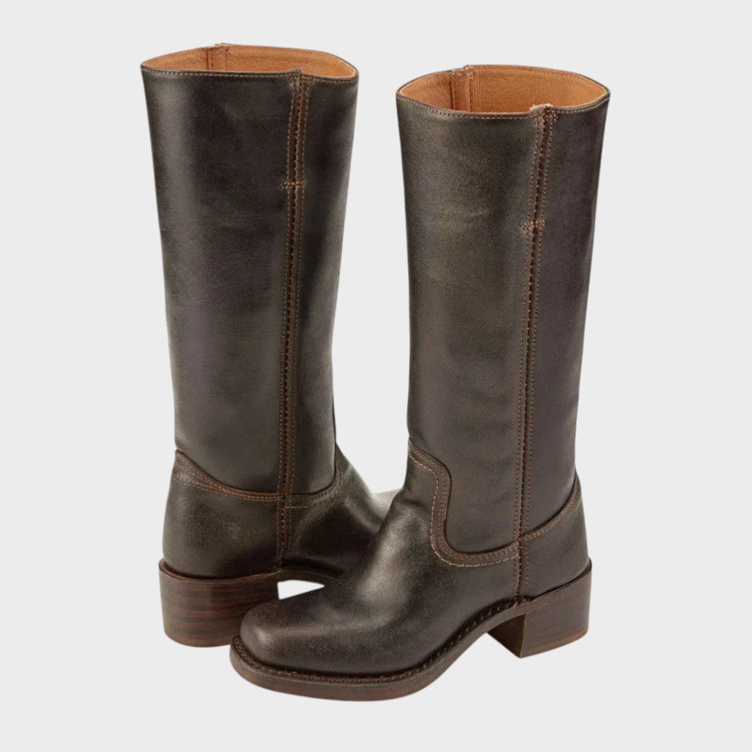 Ulla Stacked-Heel Pull-On Knee-High Boots