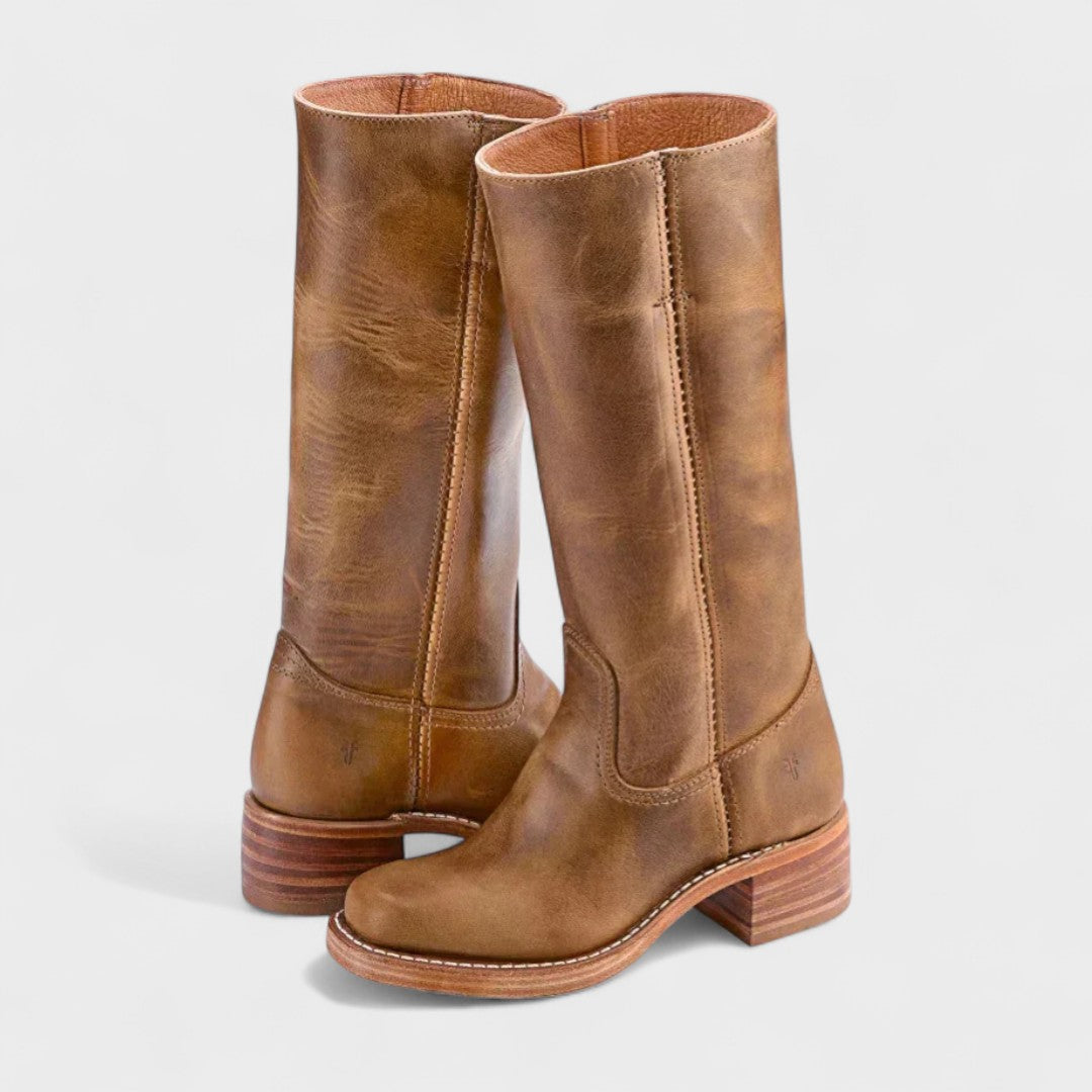 Ulla Stacked-Heel Pull-On Knee-High Boots