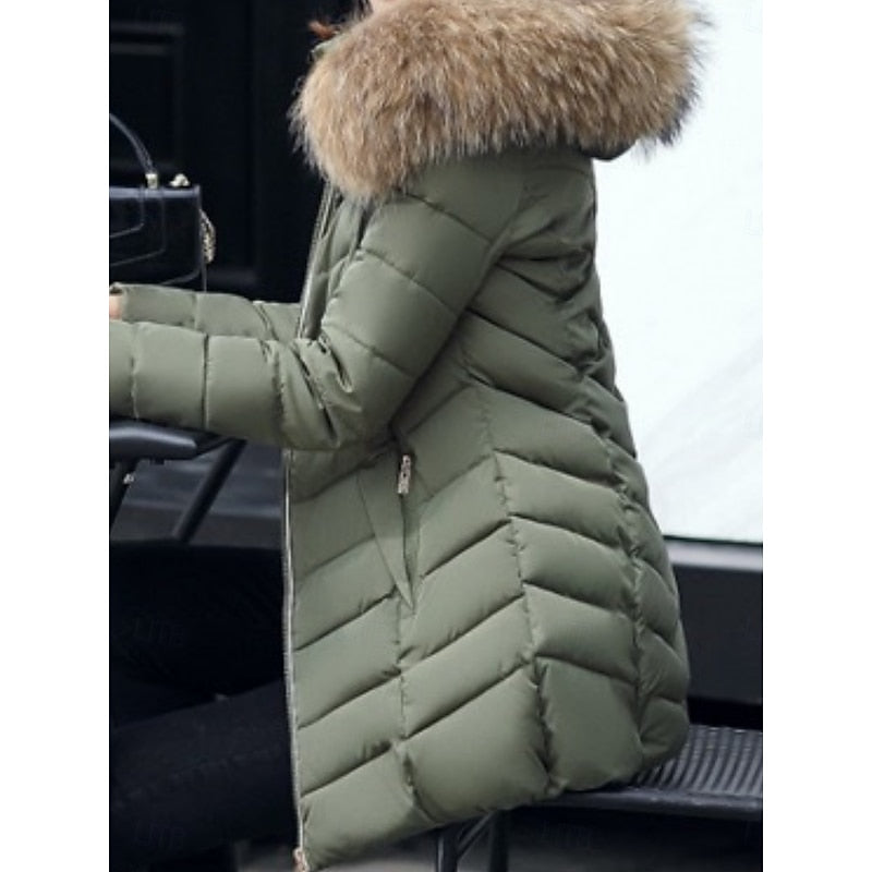 Women's Parka with Quilted Panels and Hood | Zip Closure, Pockets | For Winter | Size M-3XL | Wine Red, Red, Army Green, Black