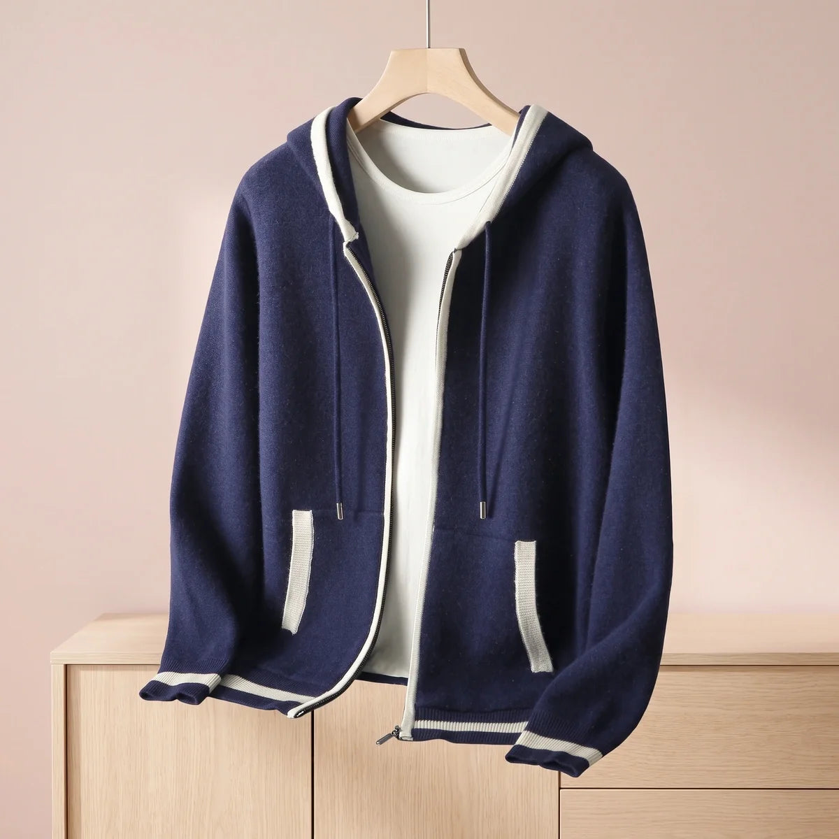 Ulysses Cashmere Contrast Tipped Hooded Zip Cardigan
