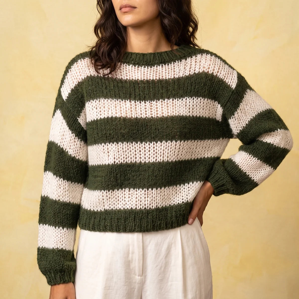Una Striped Open Knit Crew Neck Sweater