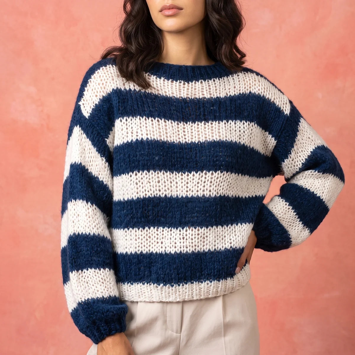 Una Striped Open Knit Crew Neck Sweater