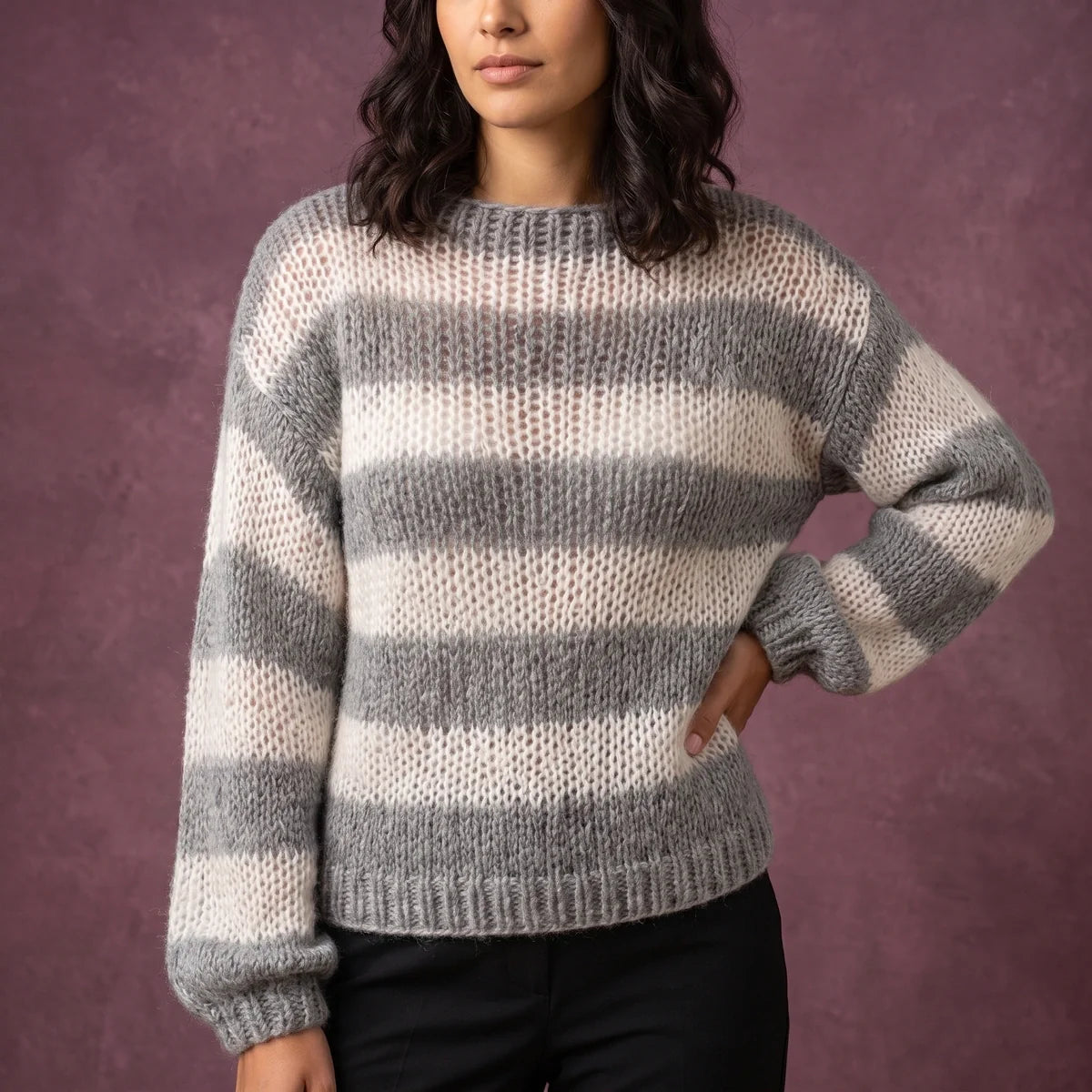 Una Striped Open Knit Crew Neck Sweater
