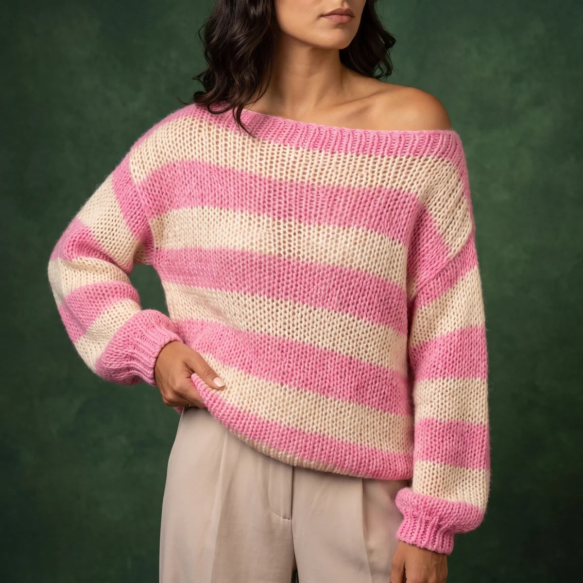 Una Striped Open Knit Crew Neck Sweater