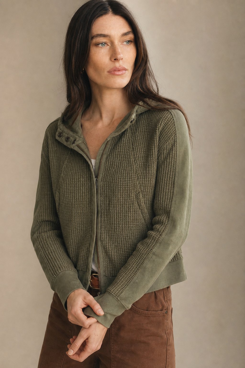 Christina | Womens Cropped Zip Hoodie in Waffle Cotton | Snug Hood, Textured Fabric | Pine, Blue and More S-XL