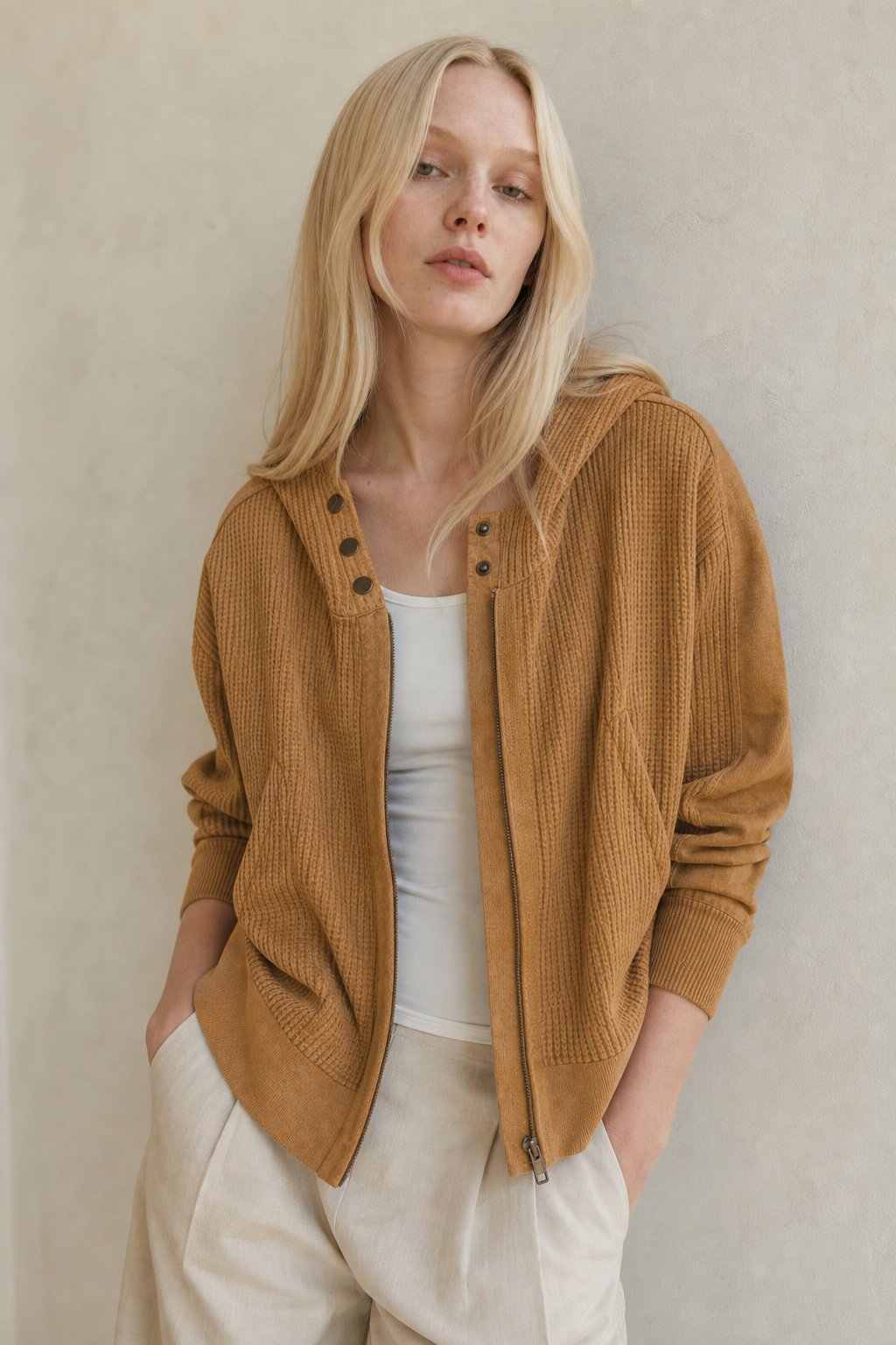 Christina | Womens Cropped Zip Hoodie in Waffle Cotton | Snug Hood, Textured Fabric | Pine, Blue and More S-XL