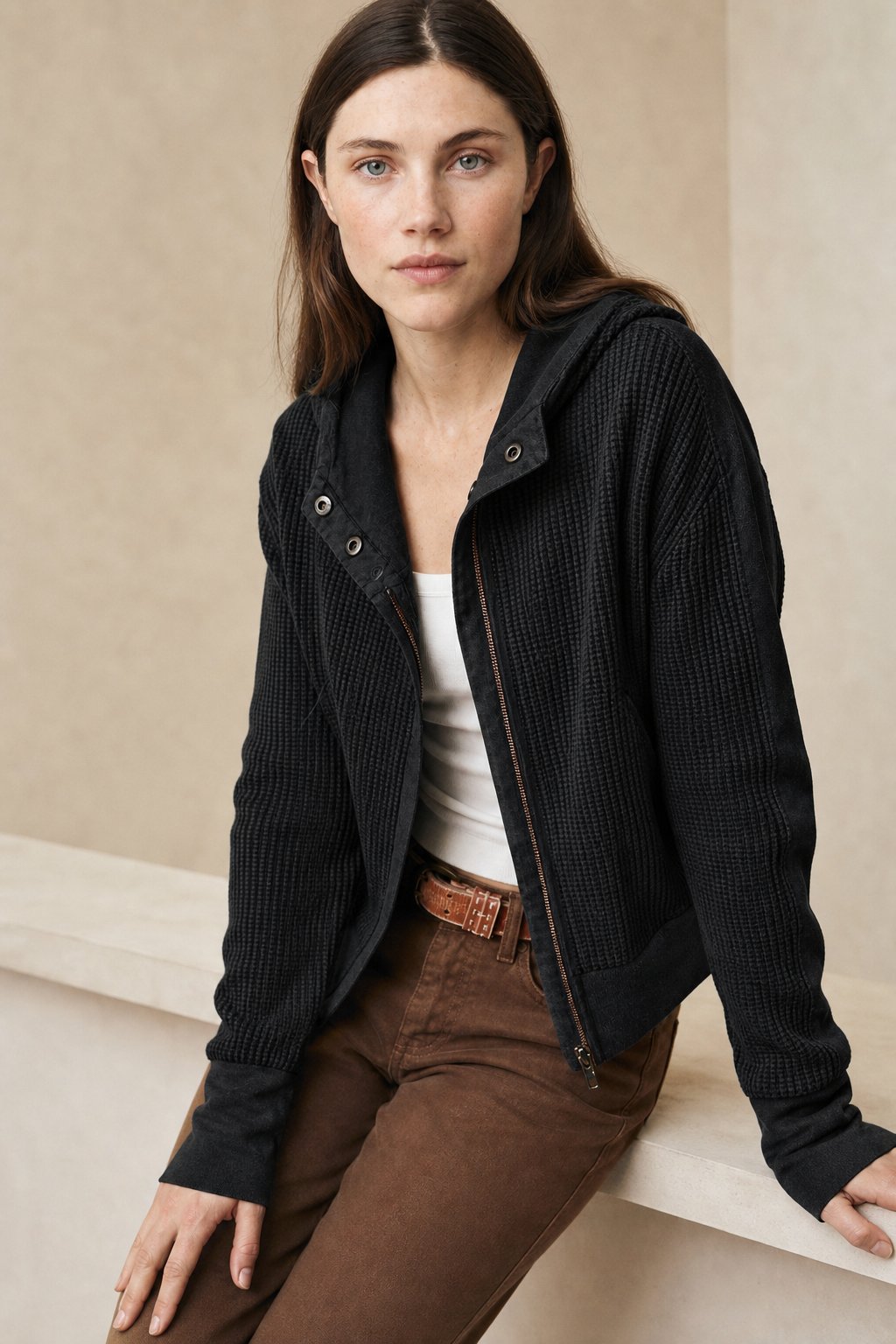 Christina | Womens Cropped Zip Hoodie in Waffle Cotton | Snug Hood, Textured Fabric | Pine, Blue and More S-XL