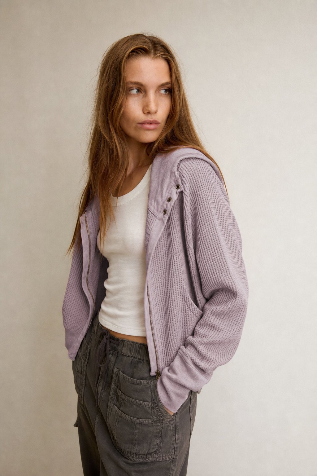 Christina | Womens Cropped Zip Hoodie in Waffle Cotton | Snug Hood, Textured Fabric | Pine, Blue and More S-XL