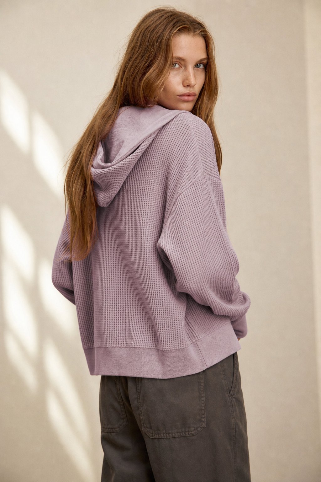Christina | Womens Cropped Zip Hoodie in Waffle Cotton | Snug Hood, Textured Fabric | Pine, Blue and More S-XL