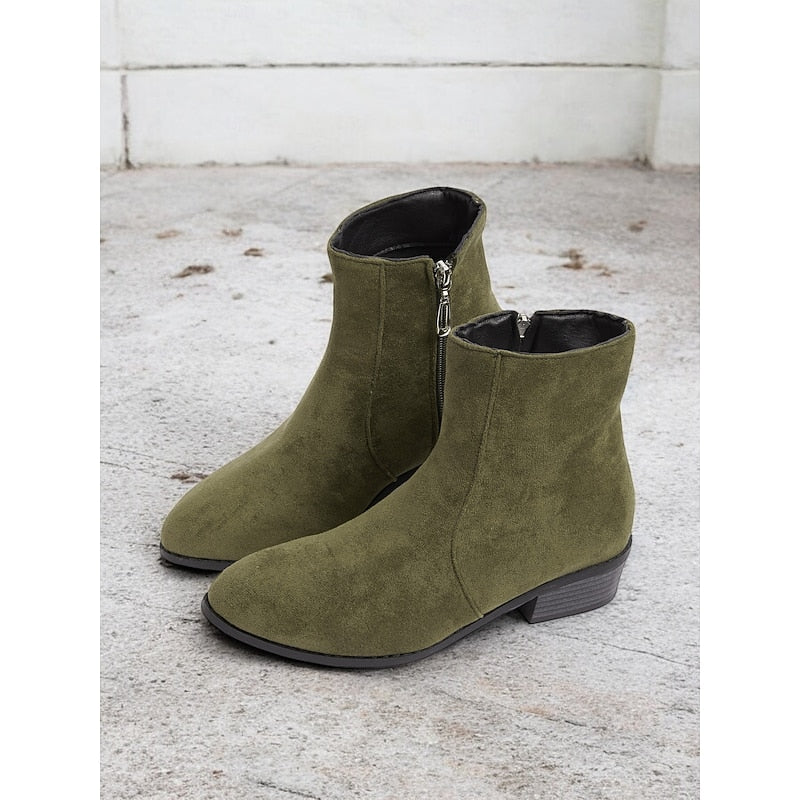 Women's Ankle Boots with Block Heel and Zip Closure | Size 6-10.5 | Brown, Green, Black