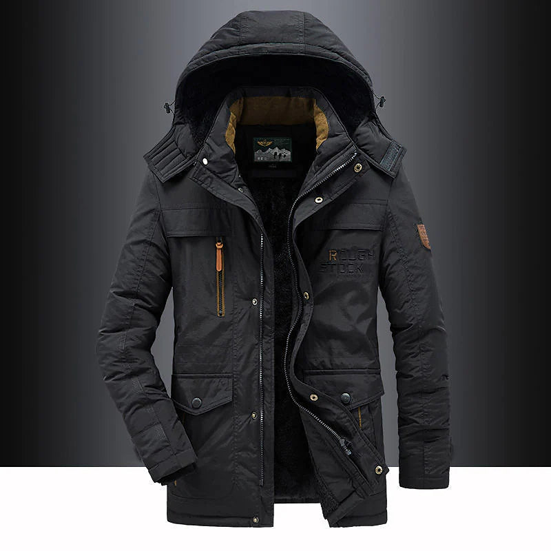 Men's Hooded Mid-Length Parka, Zip Front, Multiple Pockets