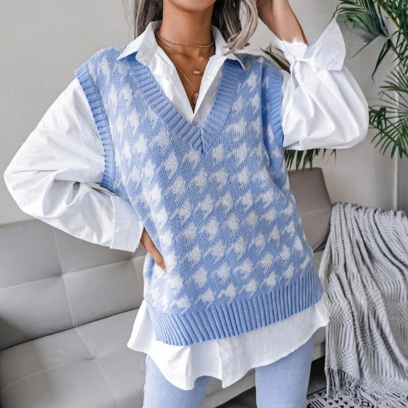 Liselle | Houndstooth Knit Vest with V-Neck for Women