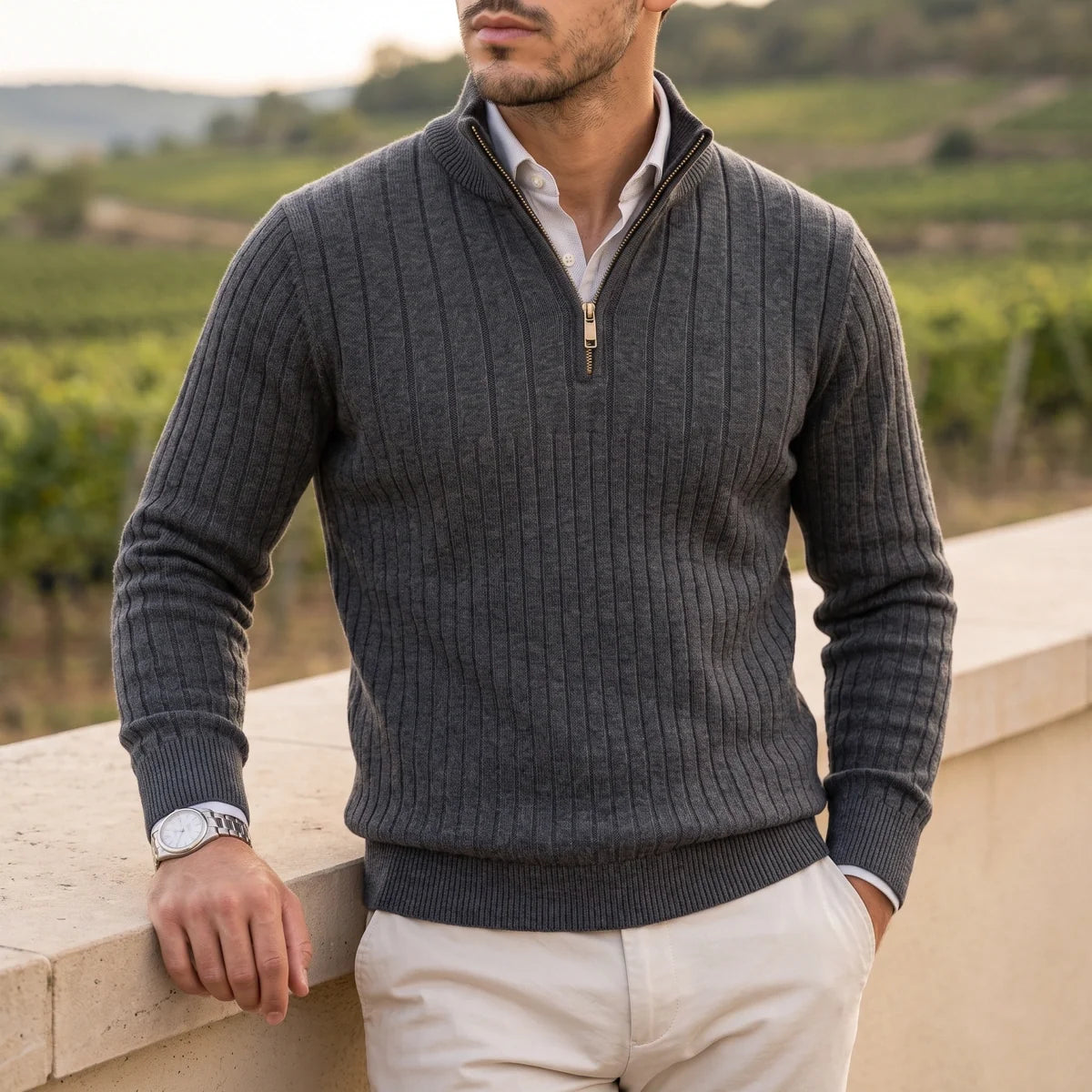 Valerian Rib Knit Quarter Zip Pullover Sweater
