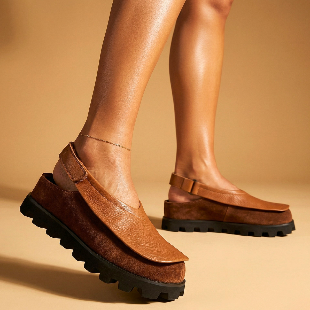 Gaia Leather Slingbacks – Textured-Toe Chunky Platform Shoes