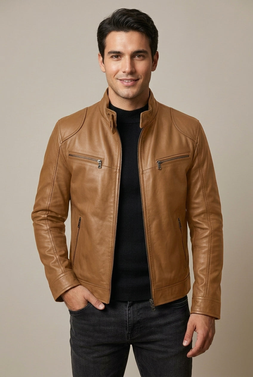 Jon | Mens Leather Jacket with Stand Collar | Quilted Shoulders, Zip Pockets, Slim Fit | Black, Camel, Red S-5XL