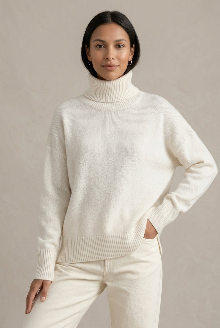 Katie | Womens Oversized Cashmere Turtleneck Sweater | Fold-Over Neck, Ribbed Trim | Pink, White and More S-4XL