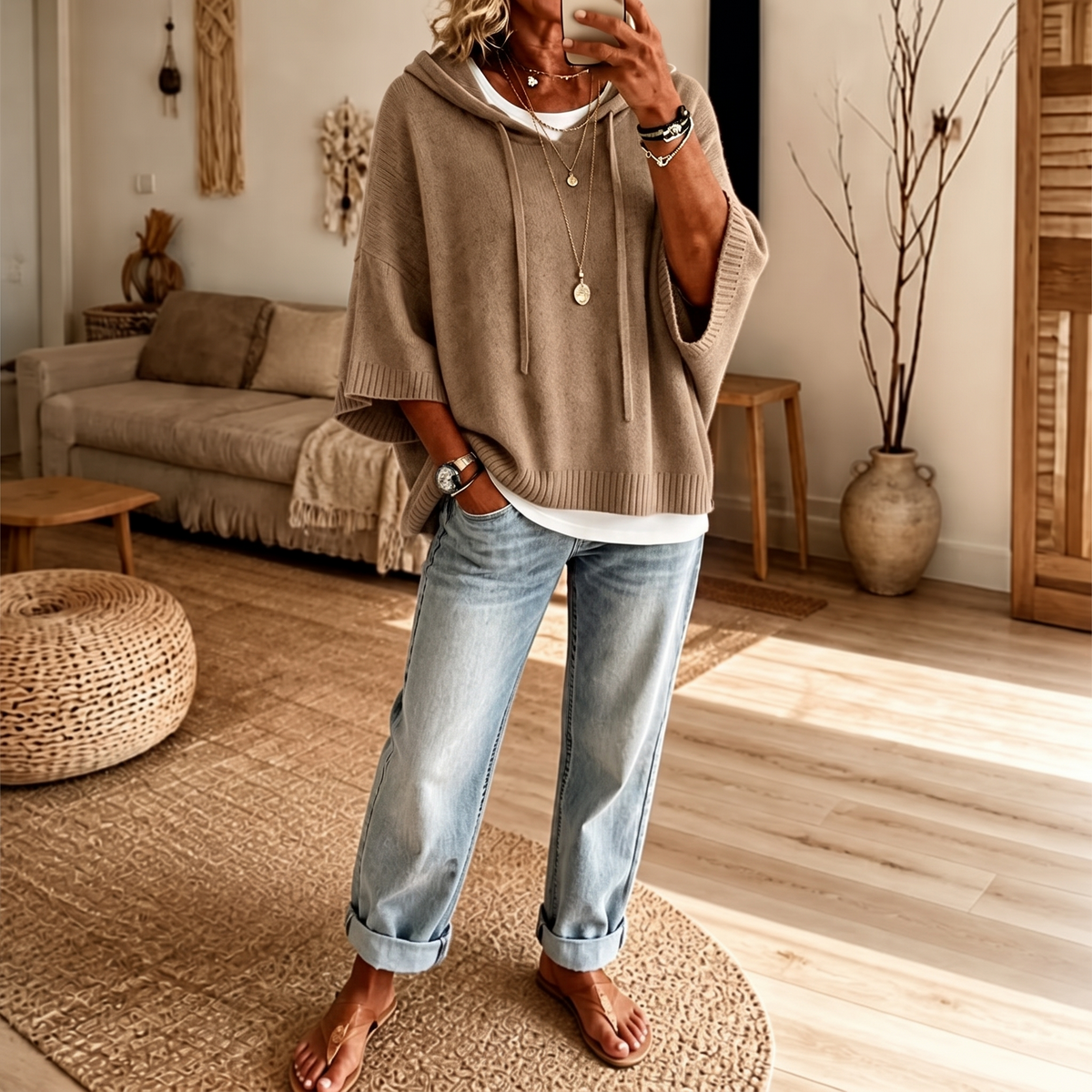 Cozelle – Frayed-Edge Open-Knit Oversized Hoodie
