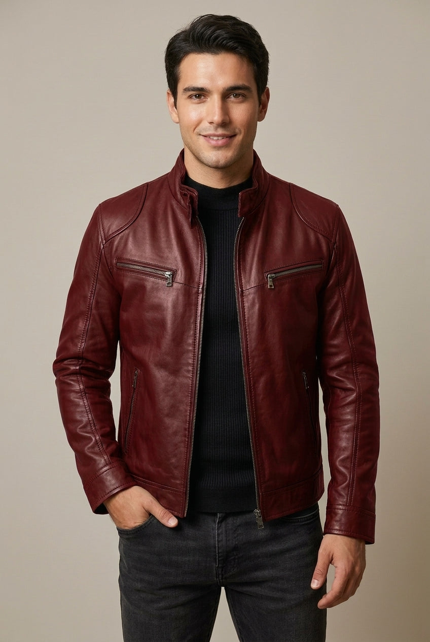 Jon | Mens Leather Jacket with Stand Collar | Quilted Shoulders, Zip Pockets, Slim Fit | Black, Camel, Red S-5XL