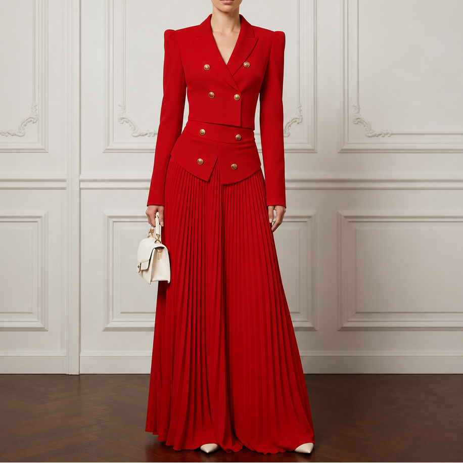 Poiseform – Cropped Padded Blazer And Pleated Midi Skirt Set