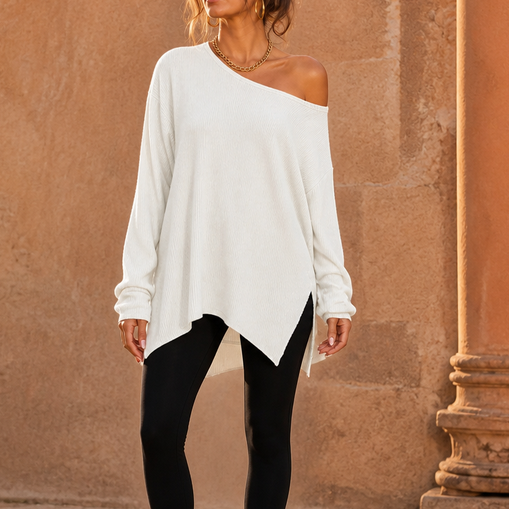 Veluna – Side-Slit Off-Shoulder Tunic Blouse