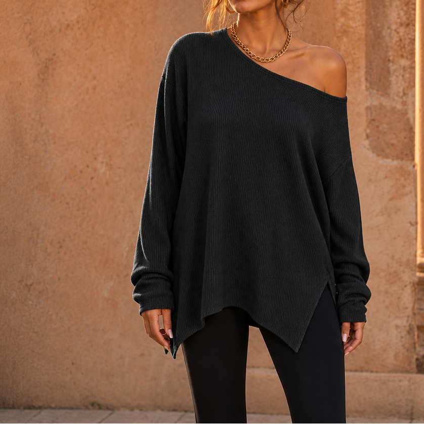 Veluna – Side-Slit Off-Shoulder Tunic Blouse