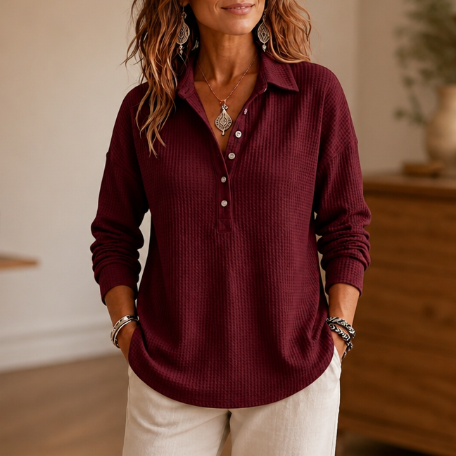 Wearbella – Waffle-Knit Collared Button-Neck Pullover