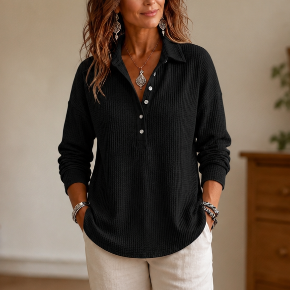 Wearbella – Waffle-Knit Collared Button-Neck Pullover