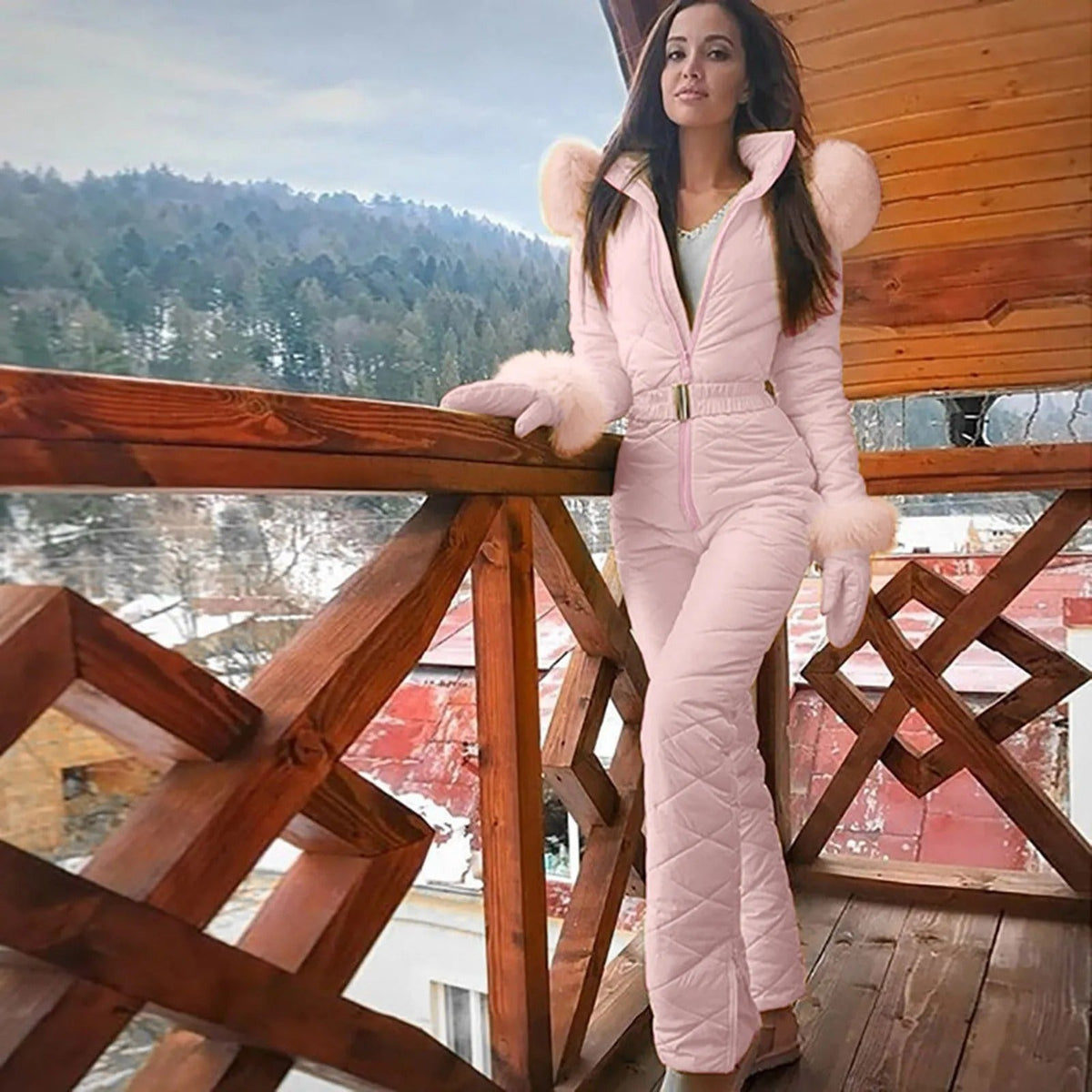 Women's Quilted Ski Jumpsuit, Belted, Full Length