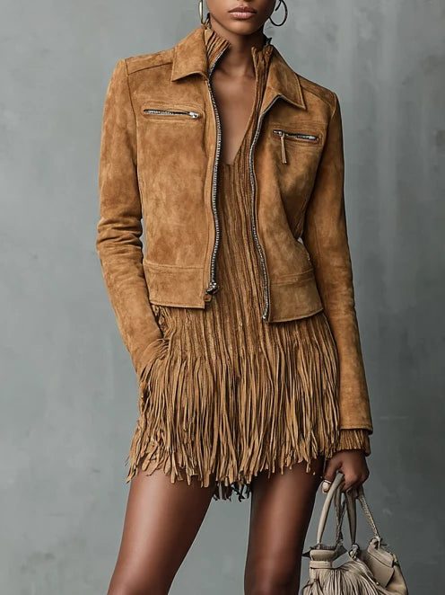 Vasilisa | Suede Cropped Jacket with Lapel Collar for Women