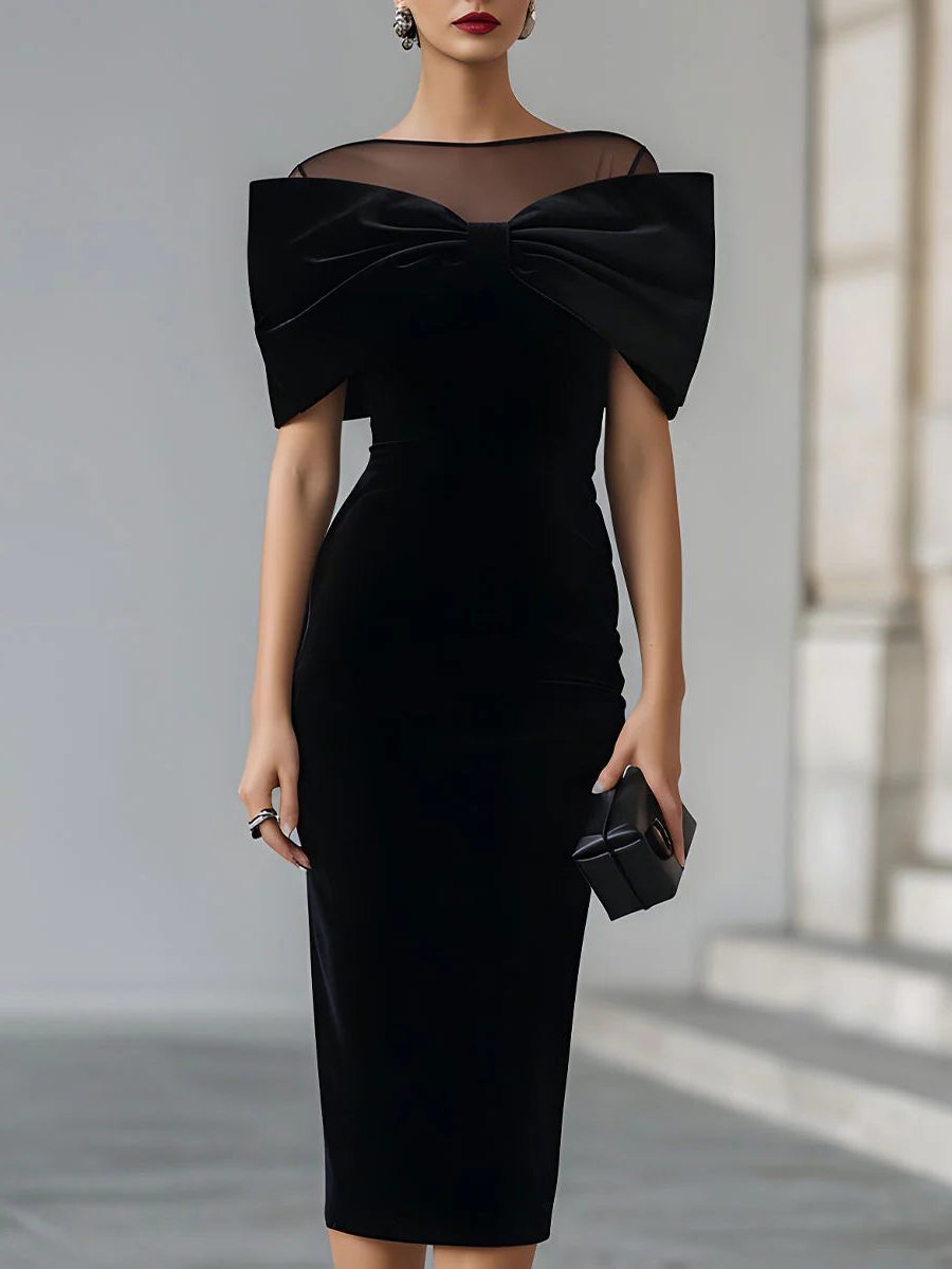 Elanor | Velvet Off-Shoulder Midi Dress with Bow Accent for Women