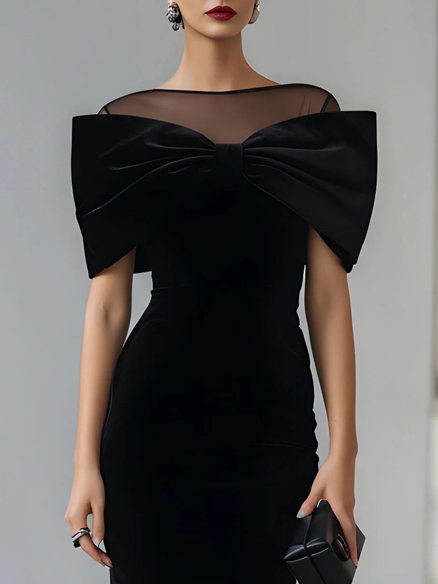 Elanor | Velvet Off-Shoulder Midi Dress with Bow Accent for Women