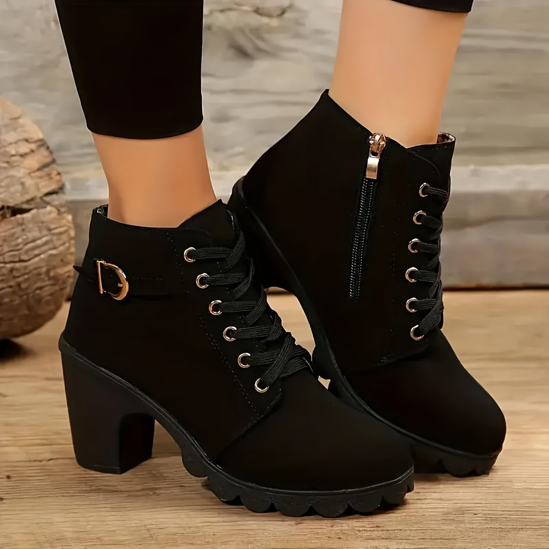 Women's Lace Up Ankle Boots with Block Heel | Side Zip Entry, Chunky Lug Sole | Size 5.5-10.5, 5 Colors