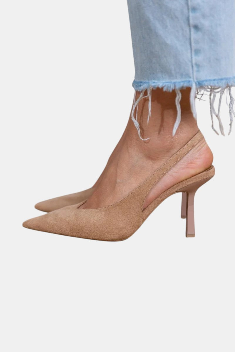 Women's Slingback Pumps with Sharp Pointed Toe | Stiletto Heel, Adjustable Back Strap in Brown | Size 5-11