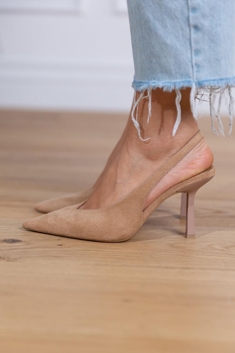 Women's Slingback Pumps with Sharp Pointed Toe | Stiletto Heel, Adjustable Back Strap in Brown | Size 5-11