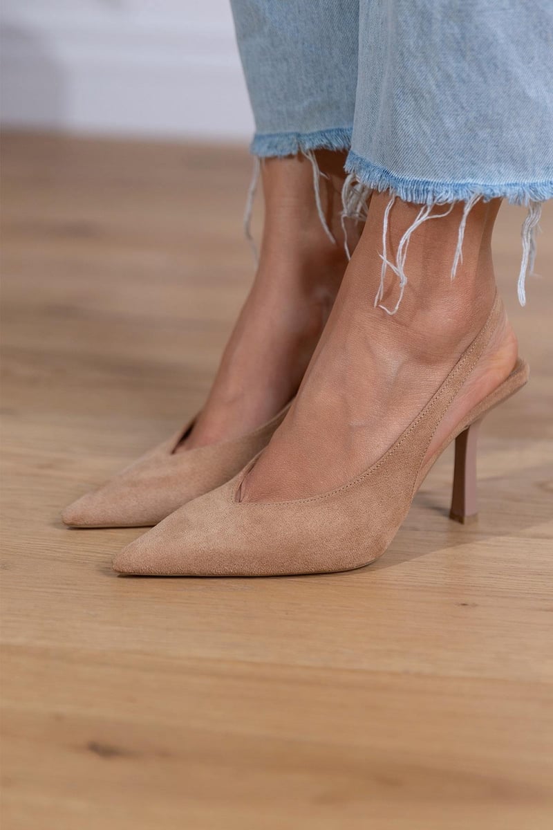 Women's Slingback Pumps with Sharp Pointed Toe | Stiletto Heel, Adjustable Back Strap in Brown | Size 5-11