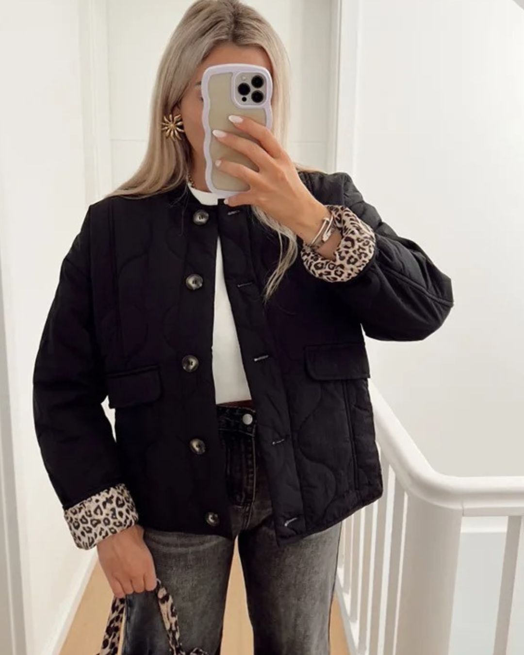 Women's Quilted Jacket, Leopard Cuffs, Button Front, Patch Pockets