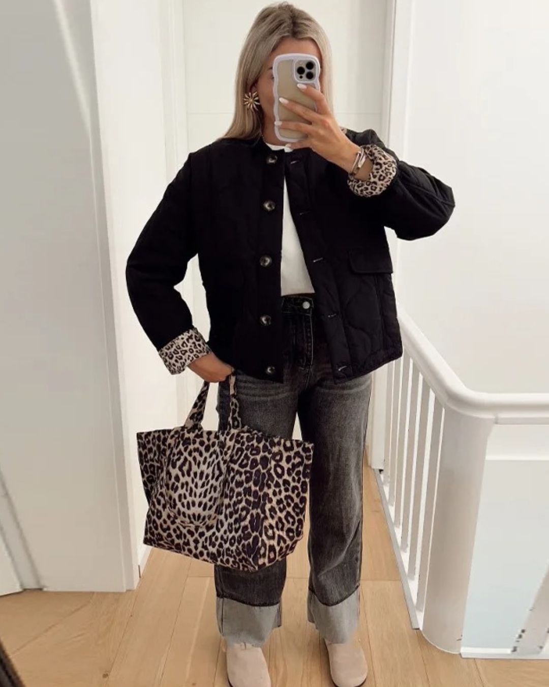 Women's Quilted Jacket, Leopard Cuffs, Button Front, Patch Pockets