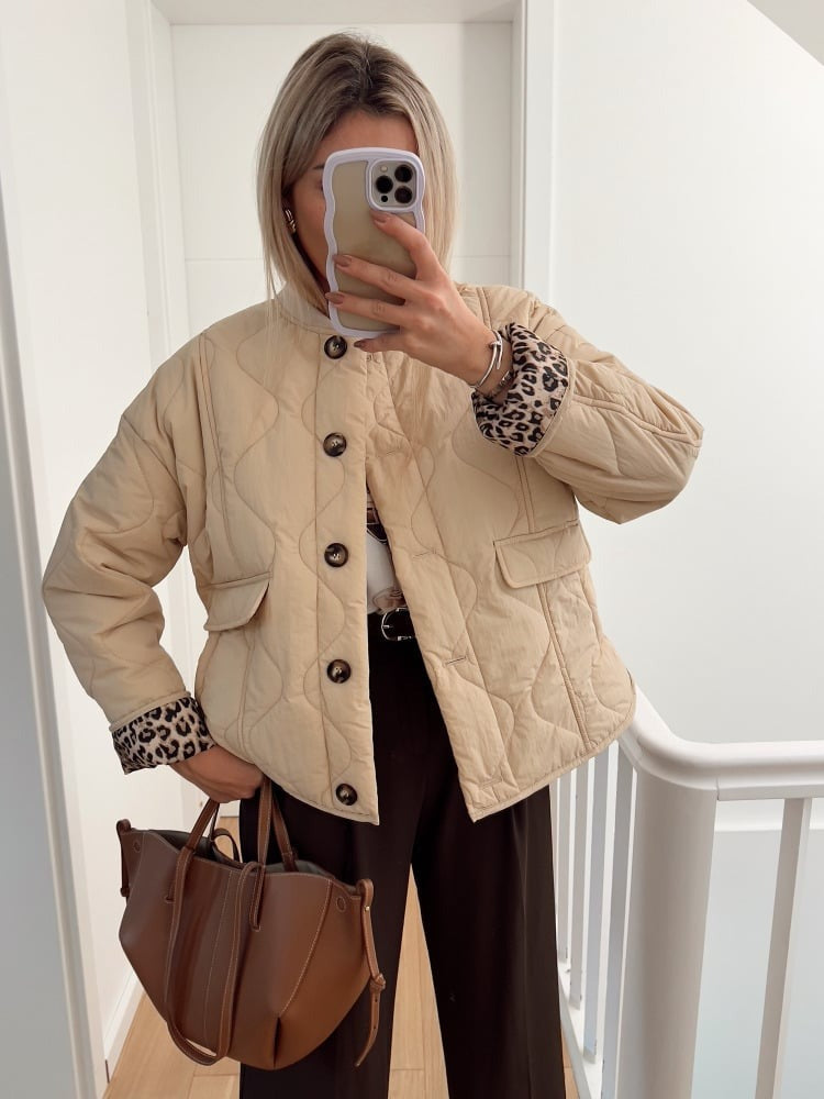 Women's Quilted Jacket, Leopard Cuffs, Button Front, Patch Pockets