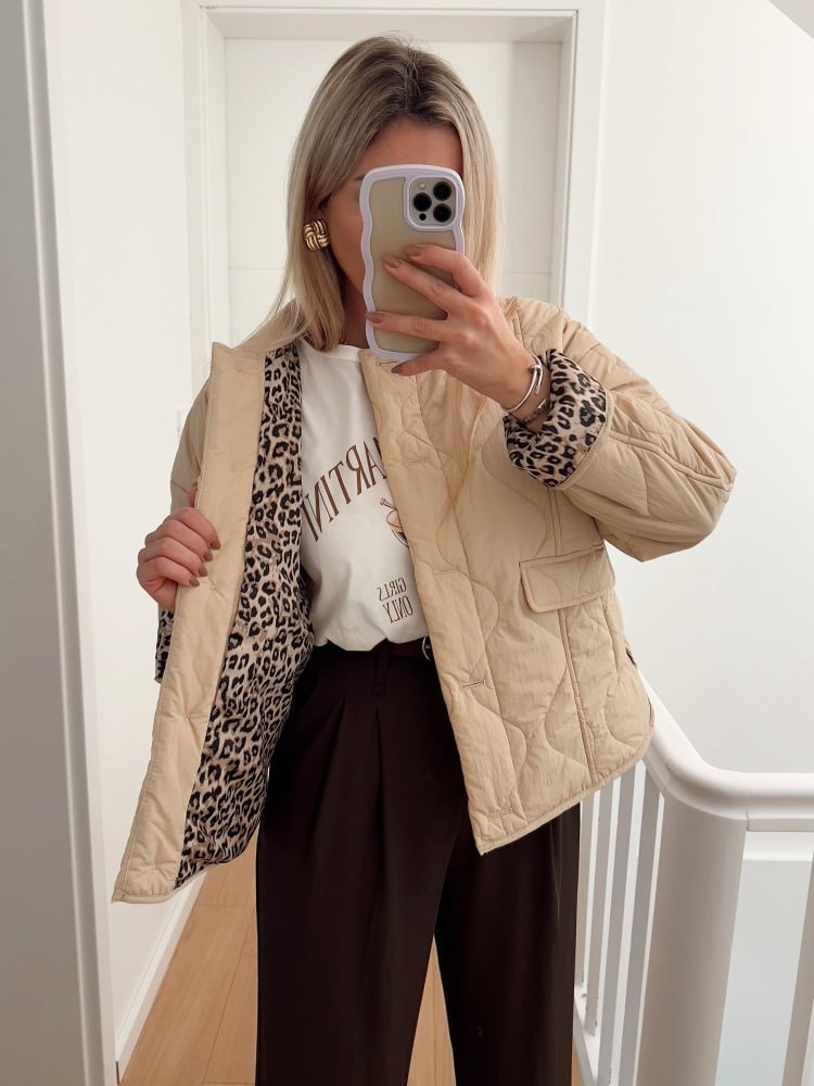 Women's Quilted Jacket, Leopard Cuffs, Button Front, Patch Pockets