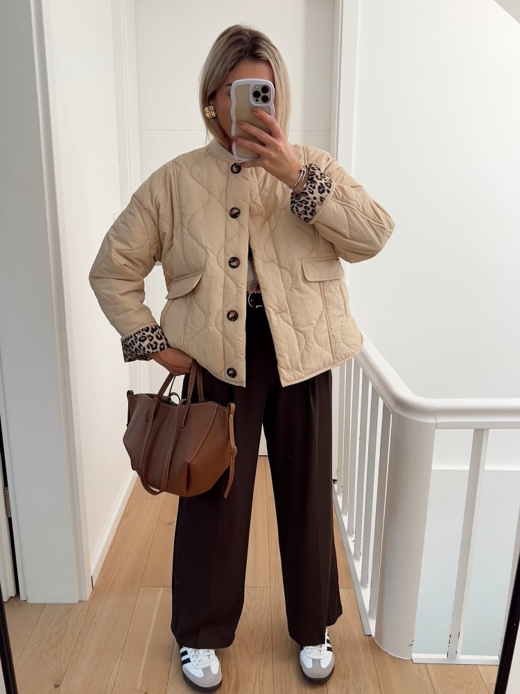Women's Quilted Jacket, Leopard Cuffs, Button Front, Patch Pockets