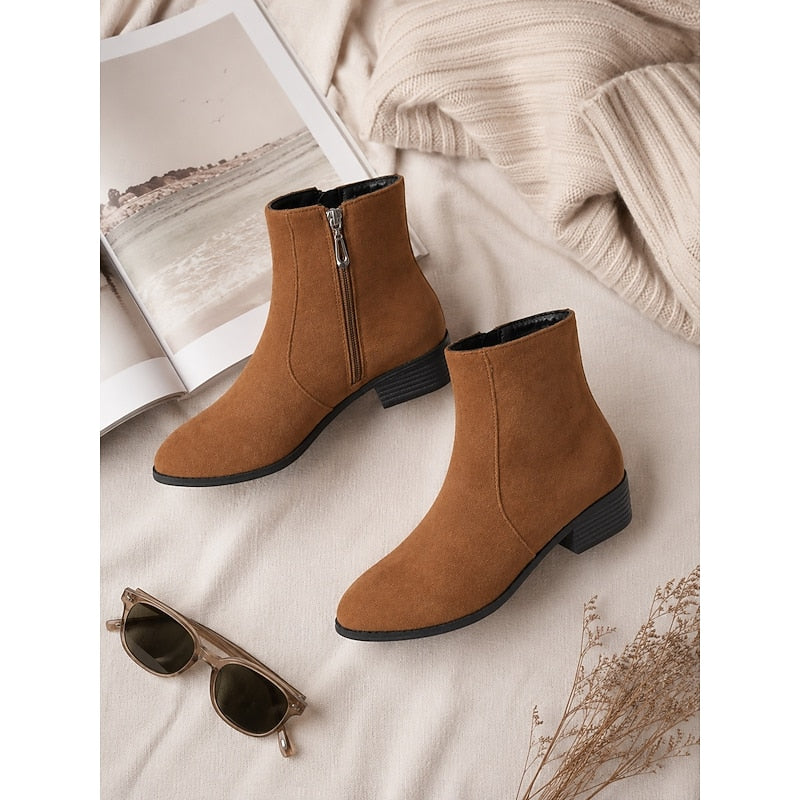 Women's Ankle Boots with Block Heel and Zip Closure | Size 6-10.5 | Brown, Green, Black