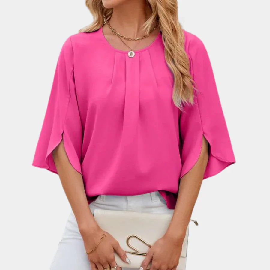 Victoria | Women's Summer Split Sleeve Pleated Blouse with Round Neck