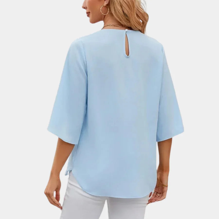 Victoria | Women's Summer Split Sleeve Pleated Blouse with Round Neck