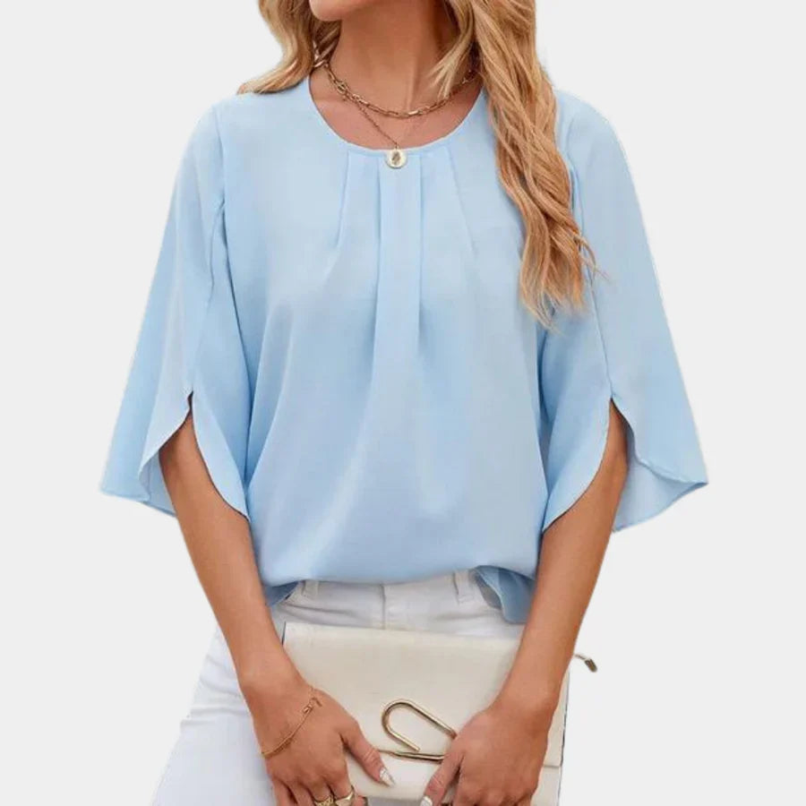 Victoria | Women's Summer Split Sleeve Pleated Blouse with Round Neck
