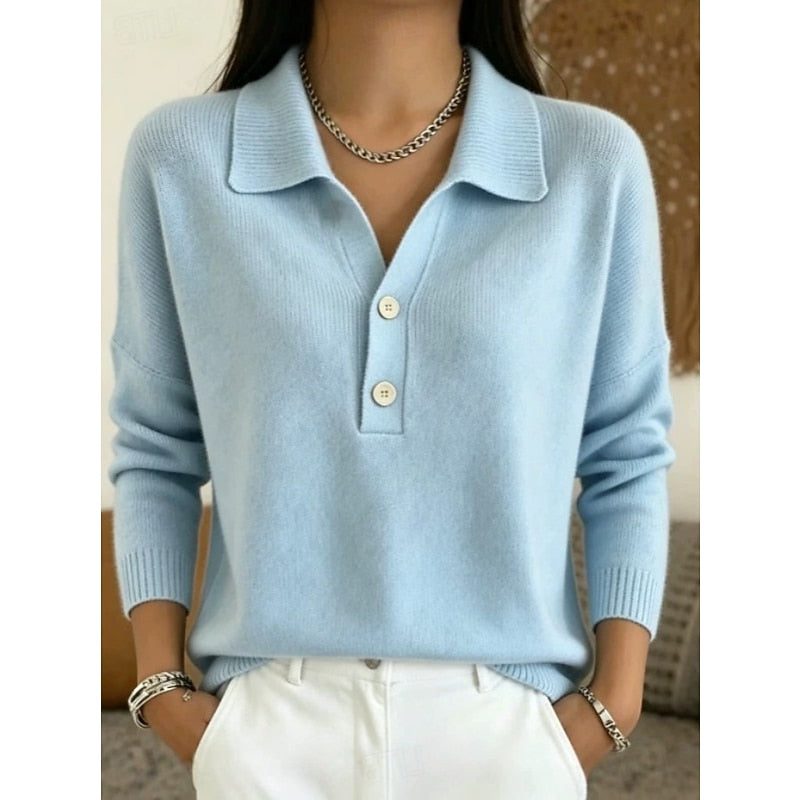 Vienne | Ribbed Knit Button Pullover with Polo Collar for Women