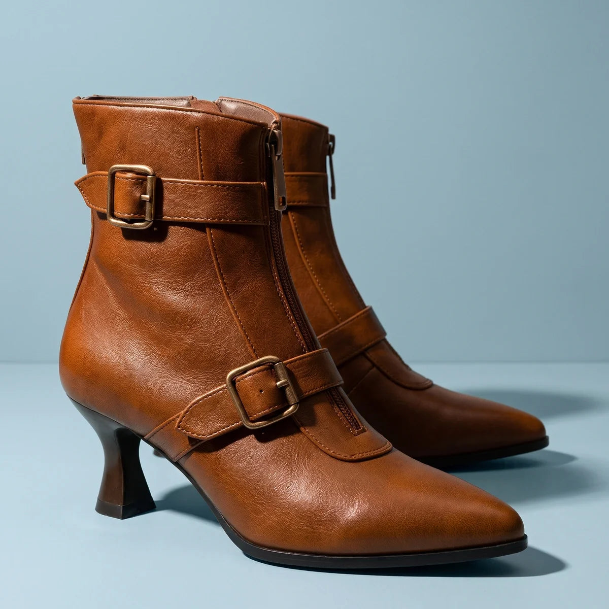 Viola Double Buckle Pointed Ankle Boots