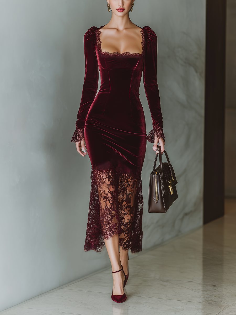 Violetta | Midi Dress with Sweetheart Neckline, Long Sleeves and Lace Trim for Women