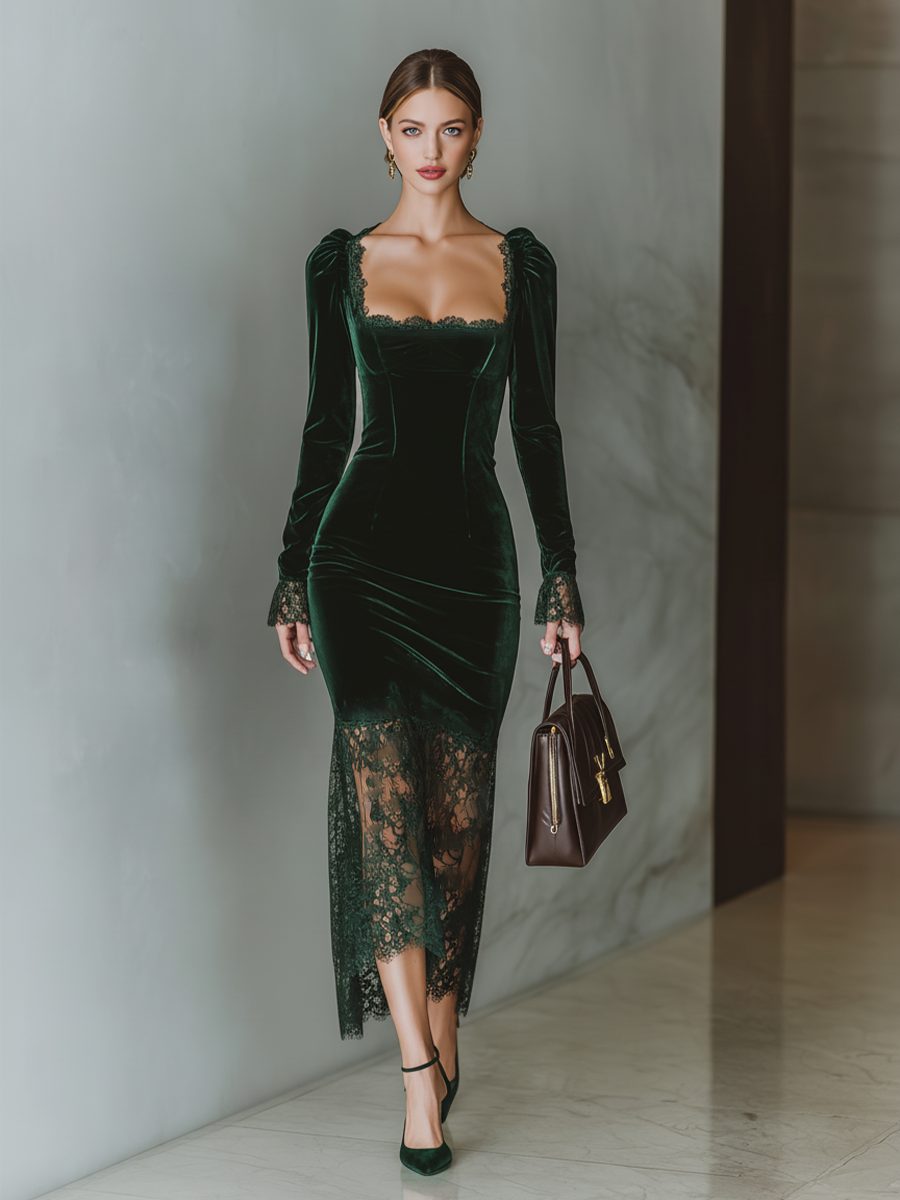 Violetta | Midi Dress with Sweetheart Neckline, Long Sleeves and Lace Trim for Women